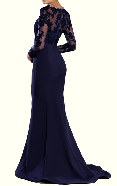 MACloth Long Sleeves V Neck Lace Prom Dress Mermaid Jersey Formal Evening Gown