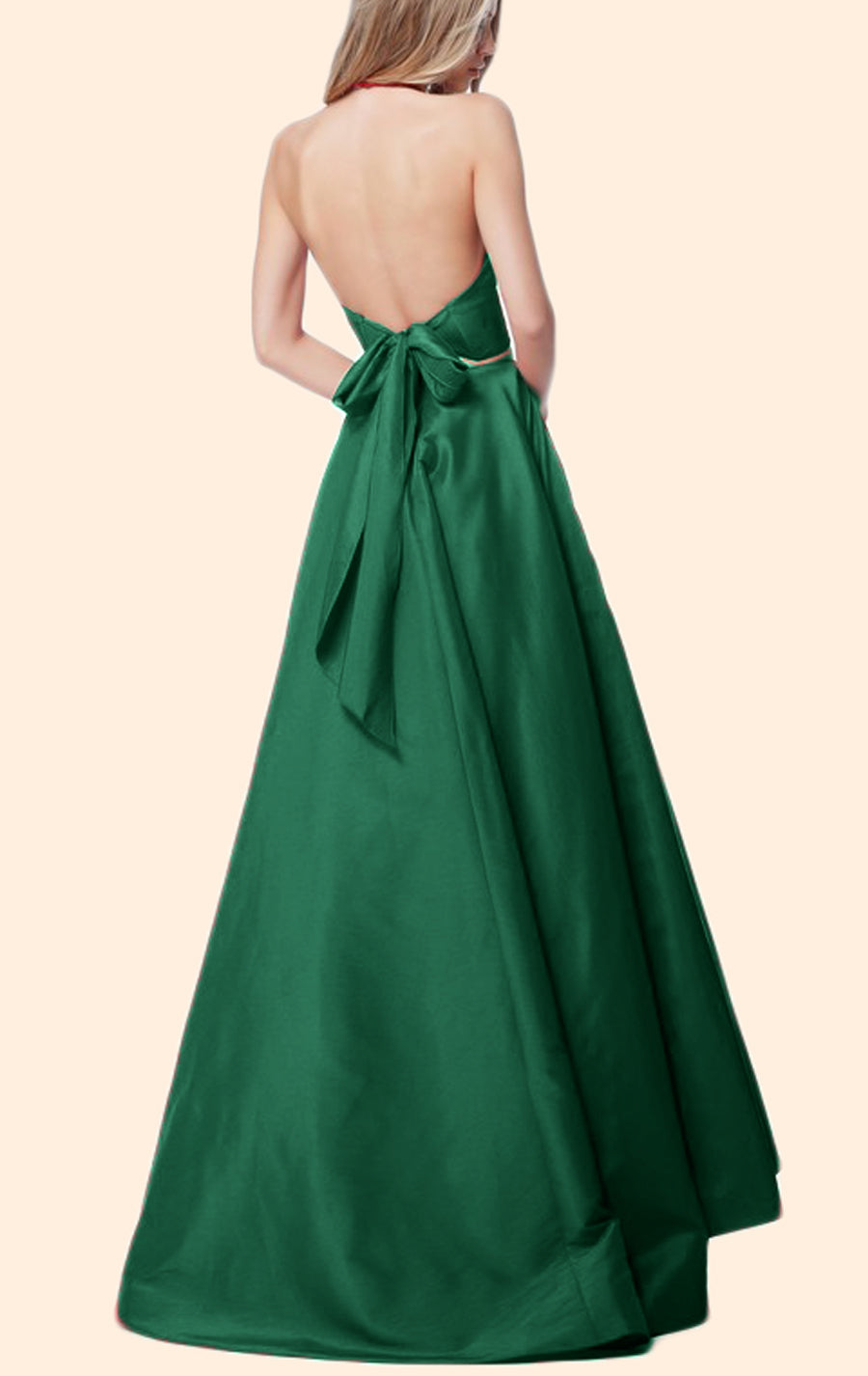 MACloth Halter V Neck 2 Piece Taffeta Prom Dress Green Formal Evening Gown