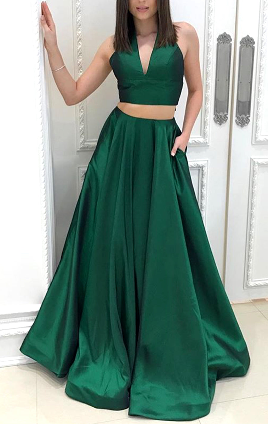 MACloth Halter V Neck 2 Piece Taffeta Prom Dress Green Formal Evening Gown