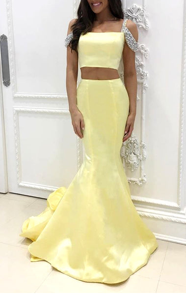 MACloth Mermaid Off the Shoulder 2 Piece Prom Dress Canary Formal Evening Gown