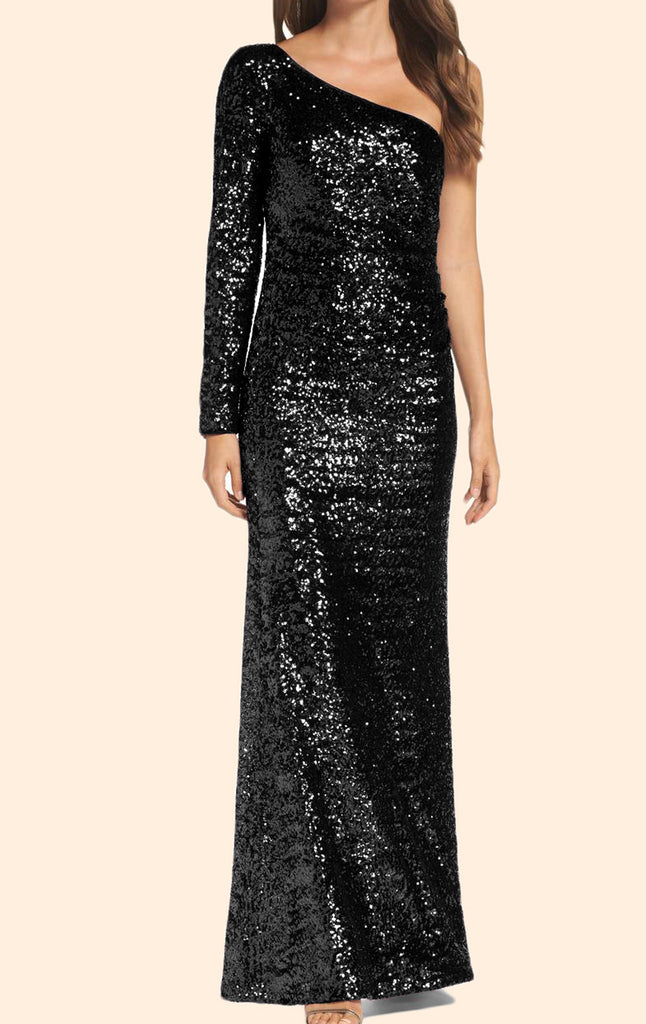 MACloth One Shoulder Long Sleeves Sequin Formal Evening Gown Black Prom Dress