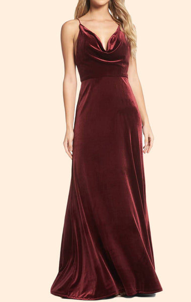 MACloth  Halter Cowl Neck Velvet Long Formal Evening Gown Simple Burgundy Prom Dress