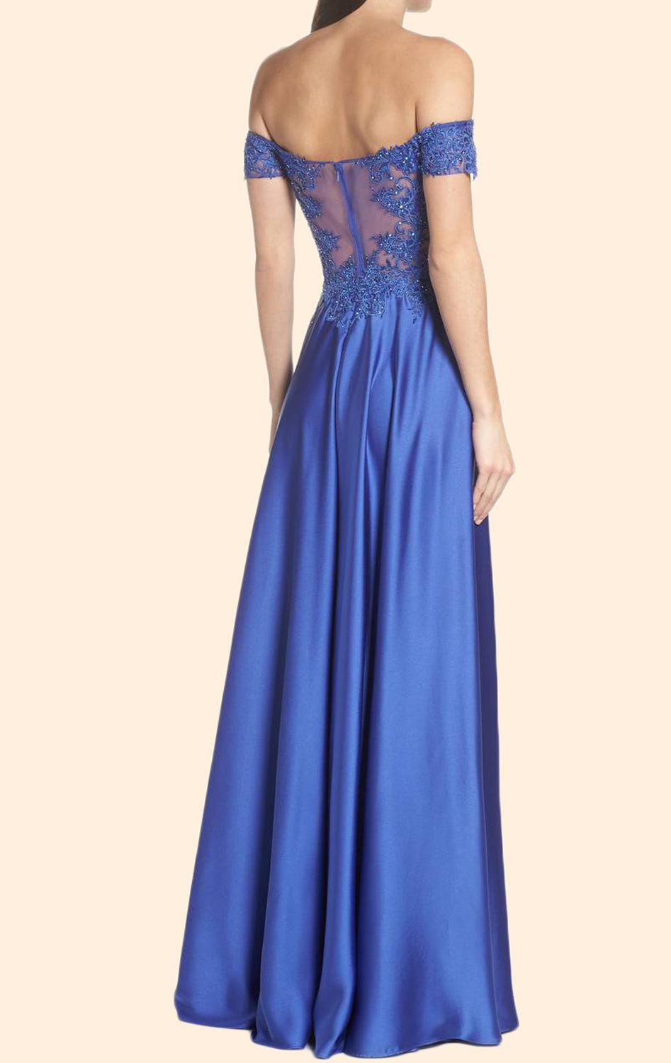 MACloth Off the Shoulder Lace Chiffon Long Prom Dress Blue Formal Evening Gown