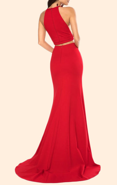 MACloth Mermaid 2 Piece Jersey Red Prom Dress Black Formal Evening Gown