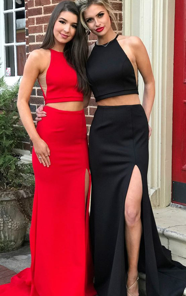 MACloth Mermaid 2 Piece Jersey Red Prom Dress Black Formal Evening Gown