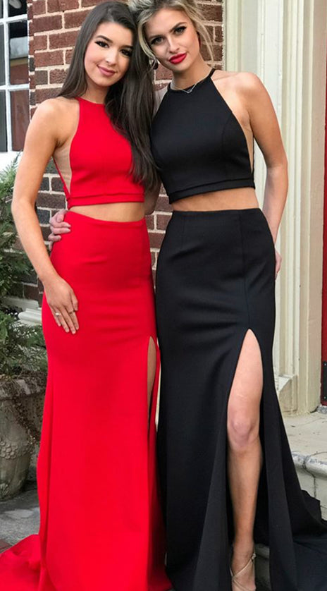 MACloth Mermaid 2 Piece Jersey Red Prom Dress Black Formal Evening Gown