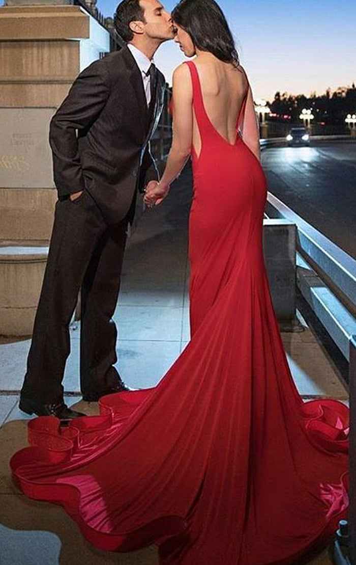 MACloth Mermaid Deep V Neck Sexy Prom Dress Red Formal Evening Gown
