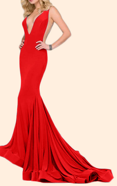 MACloth Mermaid Deep V Neck Sexy Prom Dress Red Formal Evening Gown