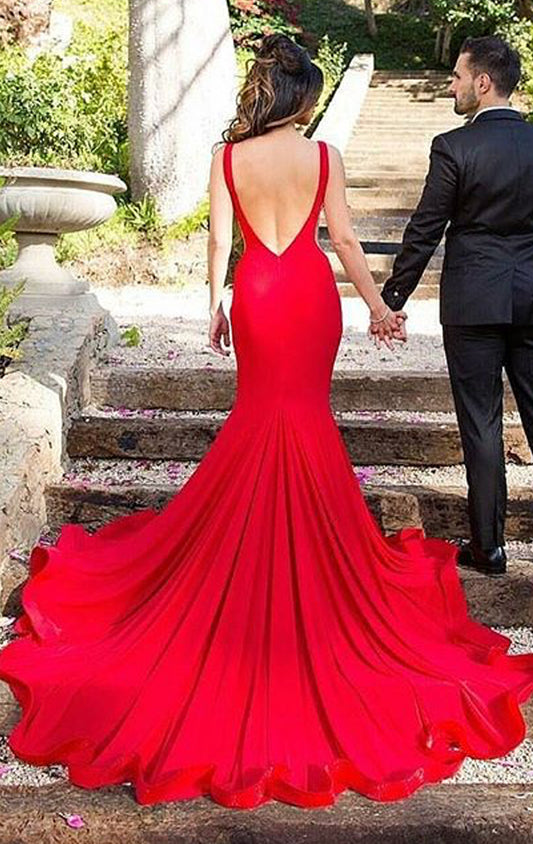 MACloth Mermaid Deep V Neck Sexy Prom Dress Red Formal Evening Gown