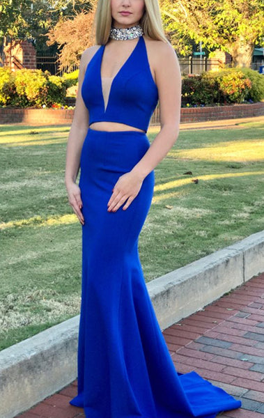 MACloth High Neck Sexy 2 Piece Mermaid Prom Dress Royal Blue Formal Evening Gown