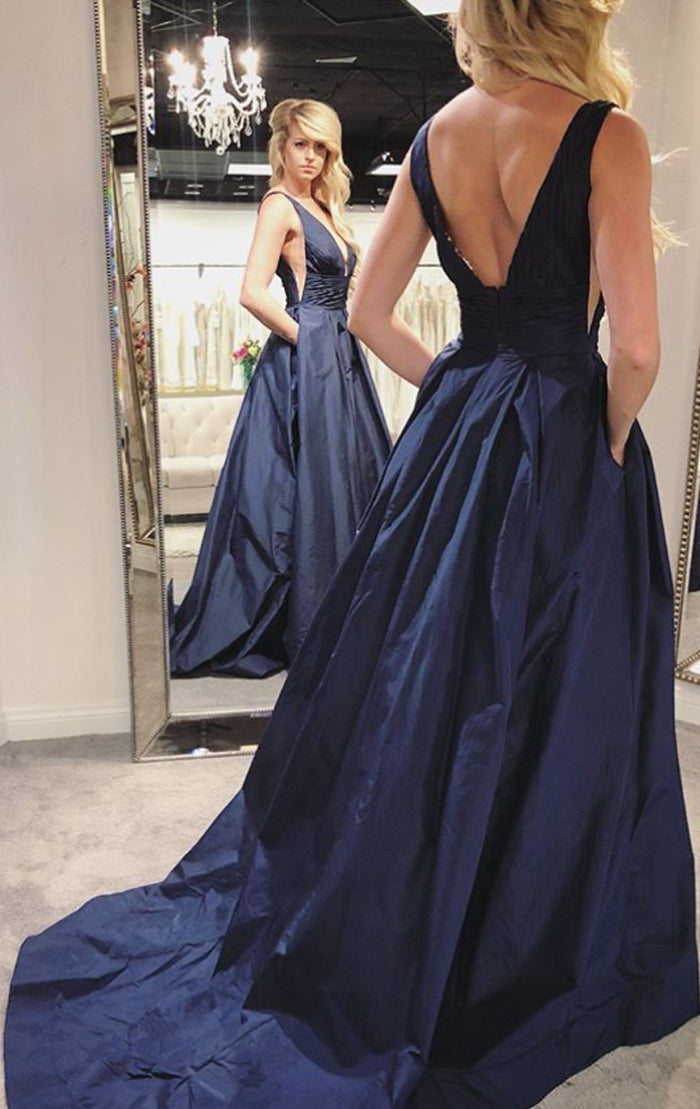 MACloth Deep V Neck Taffeta Dark Navy Prom Dress Elegant Formal Evenin MACloth Deep V Neck Taffeta Dark Navy Prom Dress Elegant Formal Evenin