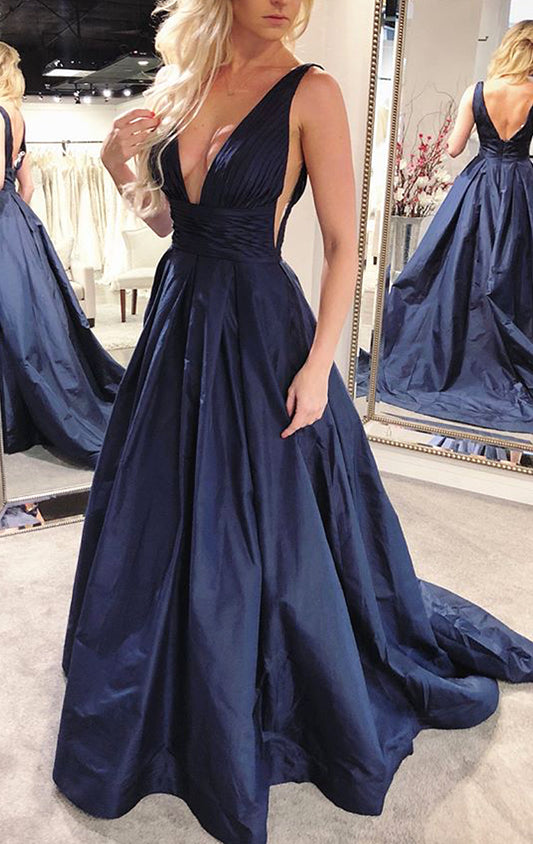 MACloth Deep V Neck Taffeta Dark Navy Prom Dress Elegant Formal Evening Gown