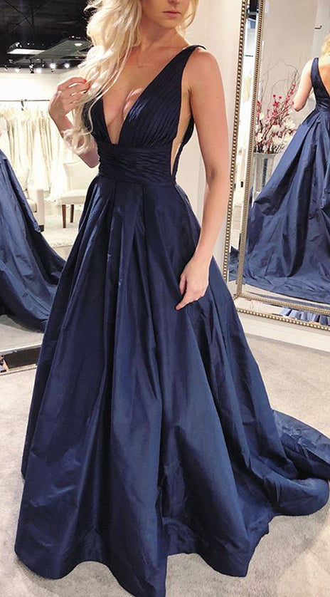 MACloth Deep V Neck Taffeta Dark Navy Prom Dress Elegant Formal Evening Gown