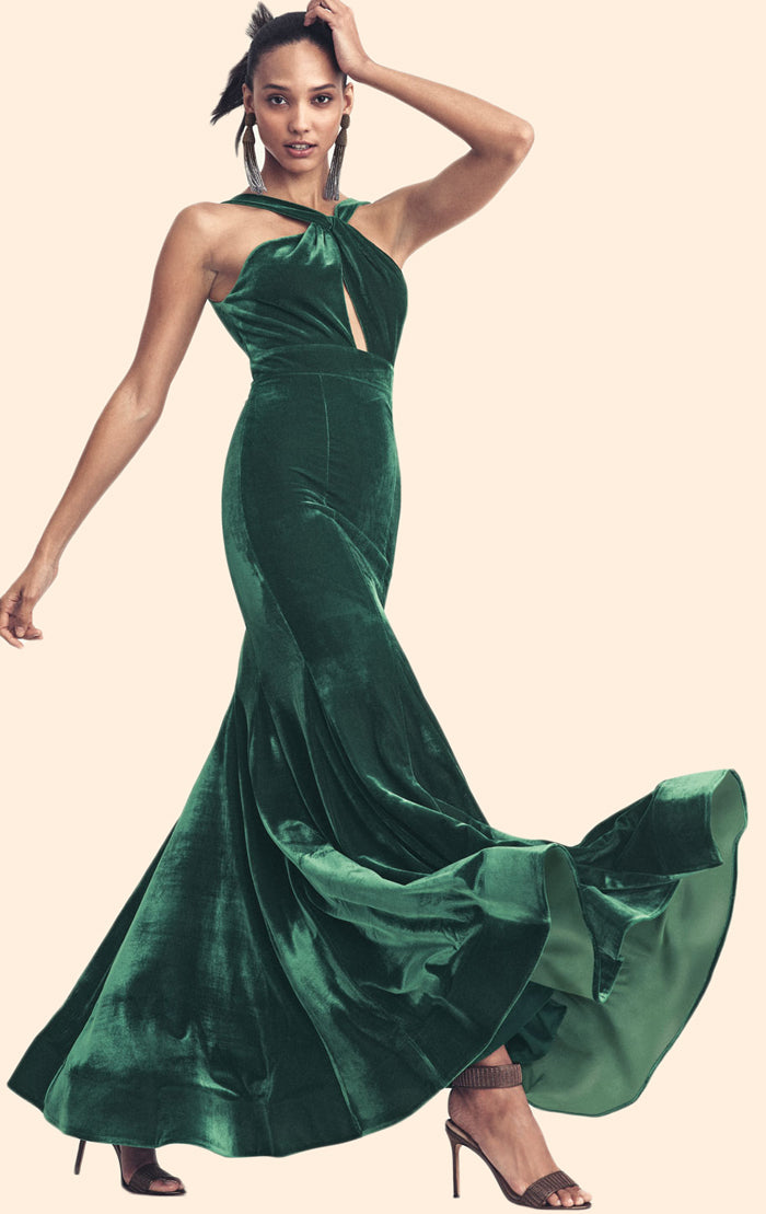 MACLoth Halter Velvet Green Long Simple Prom Dress Formal Evening Gown