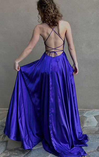 MACloth Spaghetti Straps Open Back Regency Prom Dress Satin Formal Evening Gown