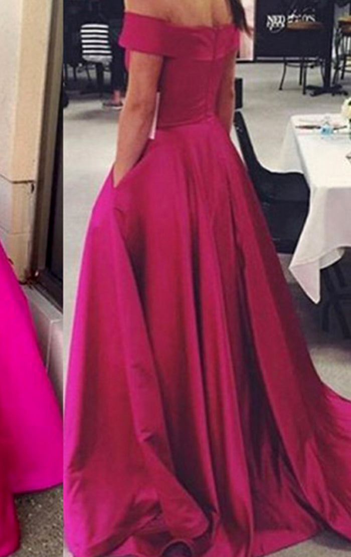 MACloth Off the Shoulder Fuchsia Ball Gown Prom Dress Satin Formal Evening Gown