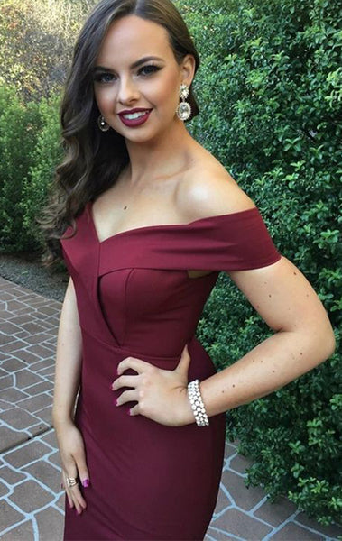 MACloth Off the Shoulder Burgundy Prom Dress Jersey Formal Evening Gown with Slit