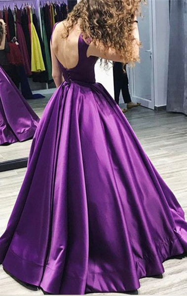 MACloth Boat Neck Satin Ball Gown Prom Dress Purple Formal Evening Gown