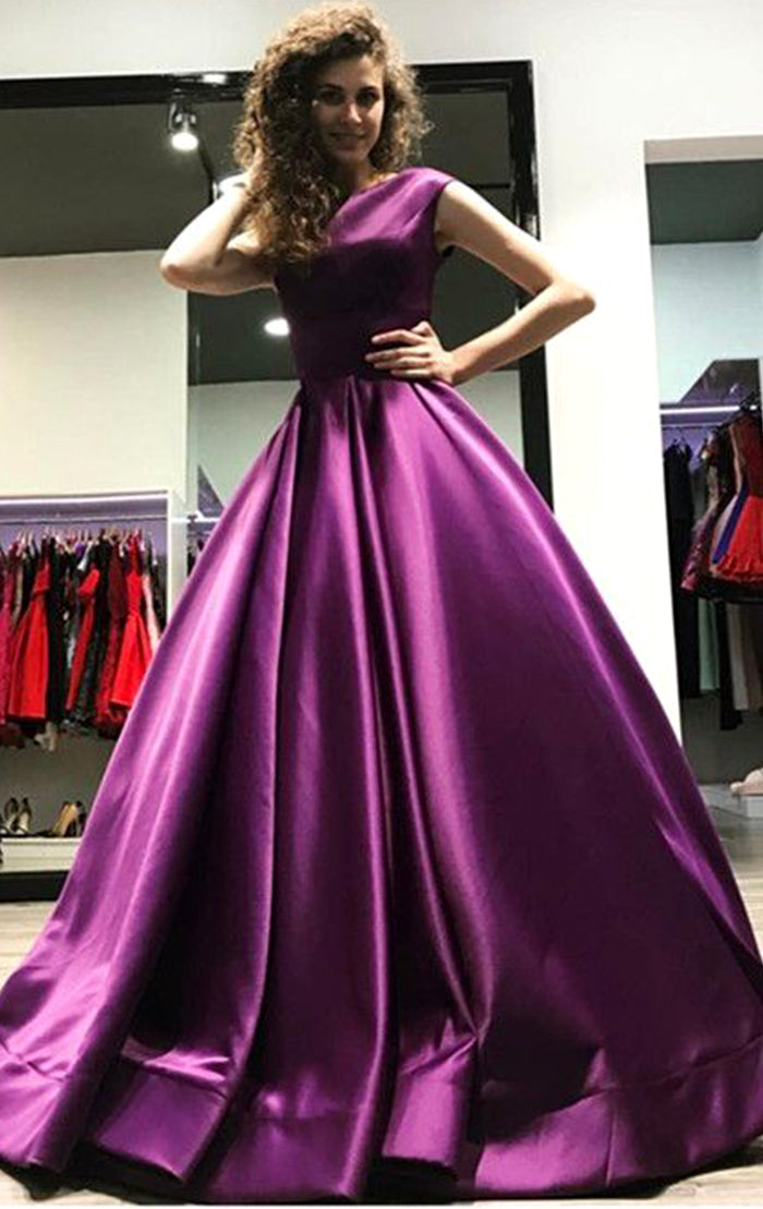 MACloth Boat Neck Satin Ball Gown Prom Dress Purple Formal Evening Gown Purple / Tea Length / US0