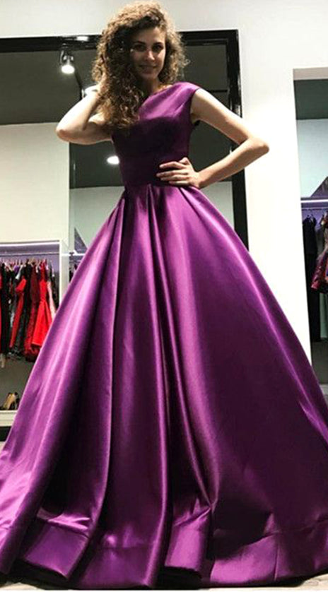 MACloth Boat Neck Satin Ball Gown Prom Dress Purple Formal Evening Gown