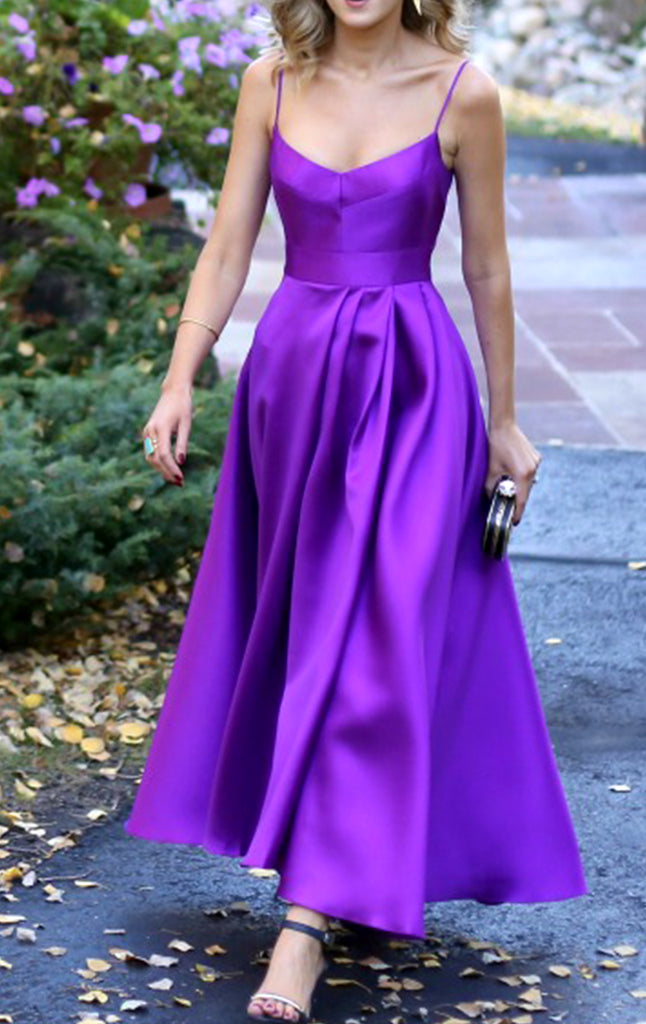 MACloth Spaghetti Straps Purple Satin Prom Dress Tea Length Wedding Party Formal Gown 10579