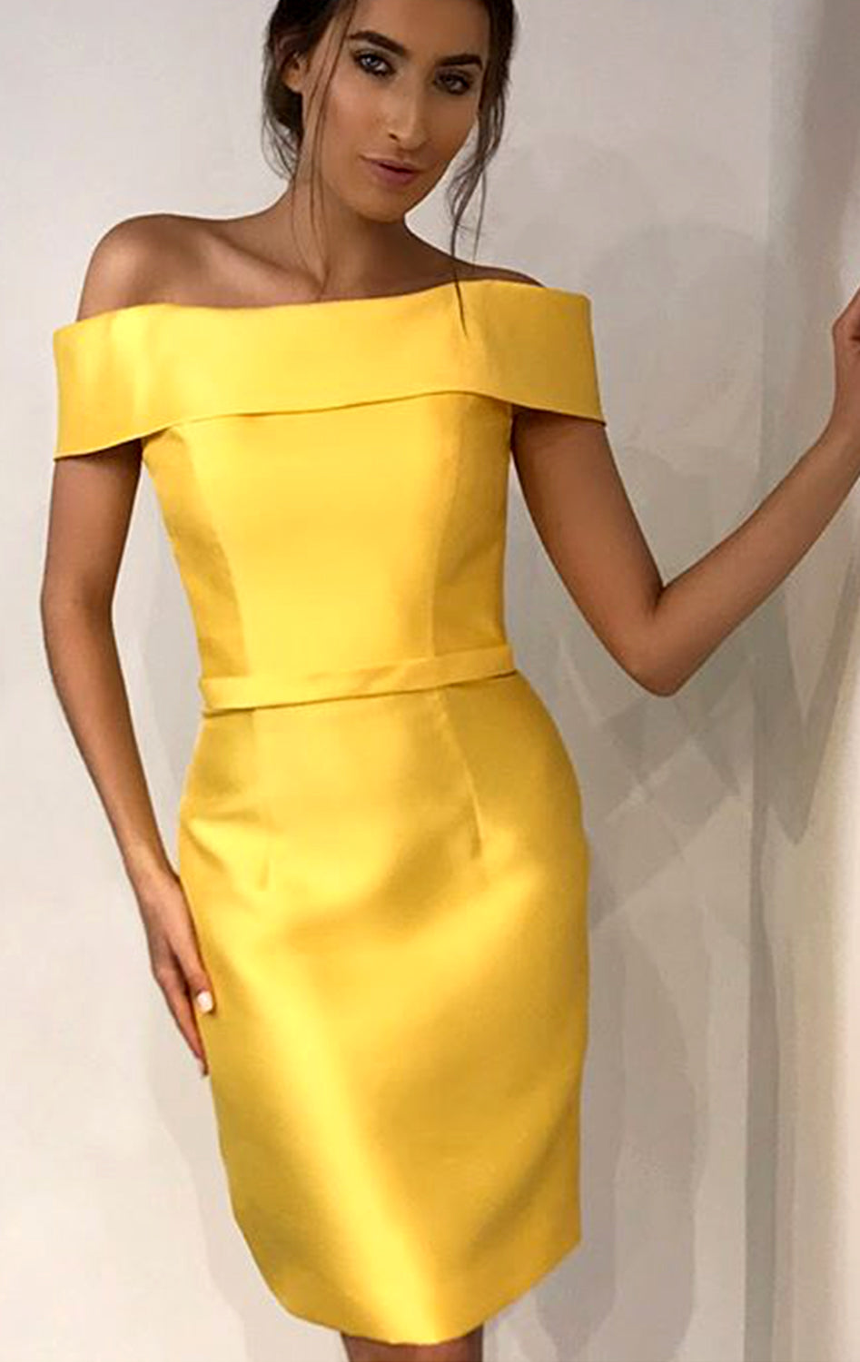 MACloth Off the Shoulder Yellow Short Prom Homecoming Dress Wedding Party Formal Gown