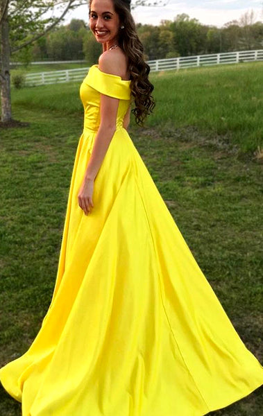 MACloth Off the Shoulder Yellow Long Prom Dress Elegant Formal Evening Gown