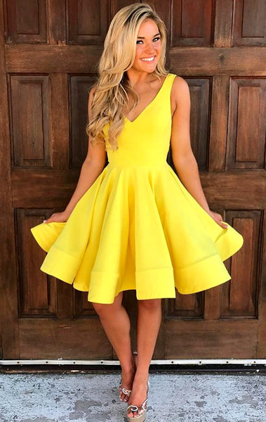 MACloth V Neck Short Prom Homecoming Dress Yellow Wedding Party Formal Gown 10584