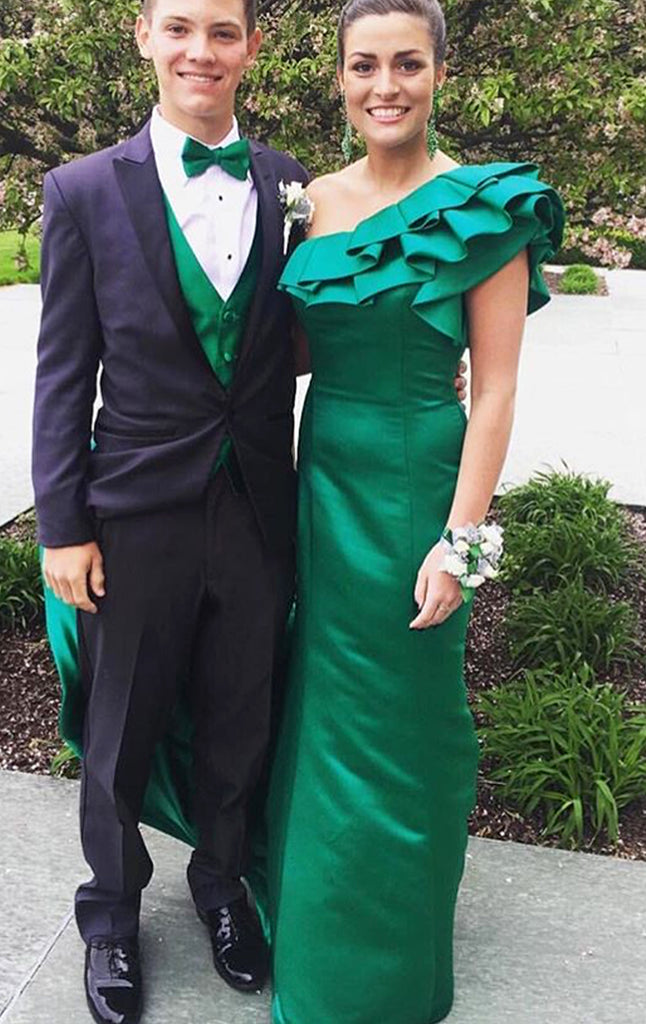 MACloth One Shoulder Mermaid Satin Long Prom Dress Green Formal Evening Gown