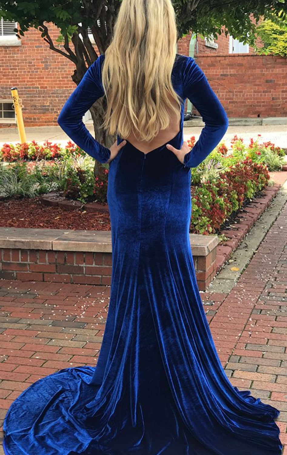 MACloth Mermaid Long Sleeves Velvet Royal Blue Prom Dress V Neck Formal Evening Gown Custom Color / Above Knee / US6
