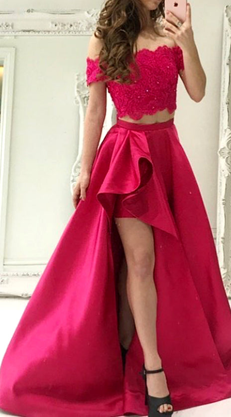 MACloth Off the Shoulder 2 Piece Lace Fuchsia Prom Dress Gorgeous Formal Gown