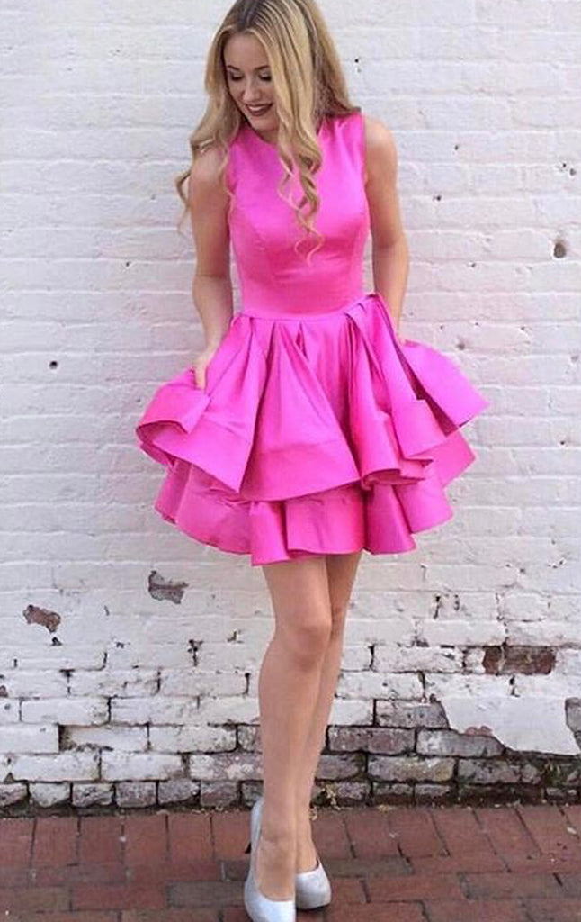 MACloth O Neck Tiered Fuchsia Mini Prom Homecoming Dress Wedding Party Formal Gown