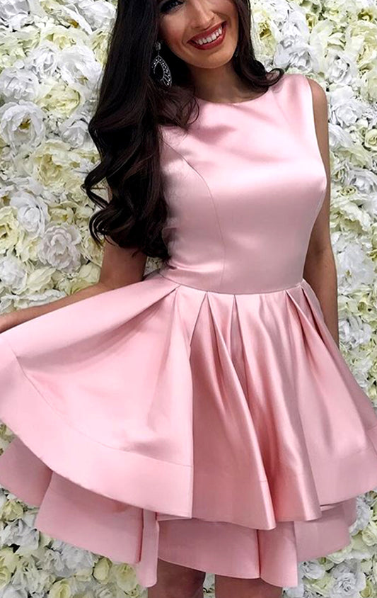 MACloth O Neck Tiered Fuchsia Mini Prom Homecoming Dress Wedding Party Formal Gown