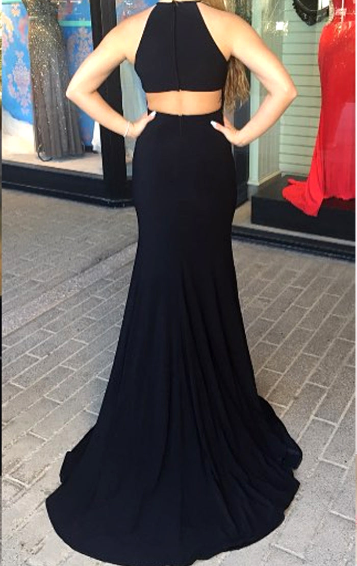 black jersey prom dress Charming Black Jersey Bodycon Formal Prom Dress with Slit Cross Straps Back