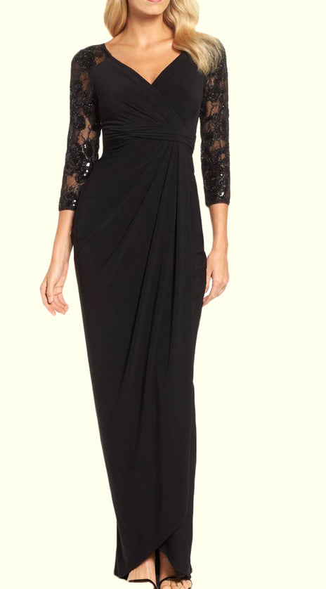 MACloth 3/4 Sleeves Black Mother of the Brides Dress Jersey Formal Evening Gown