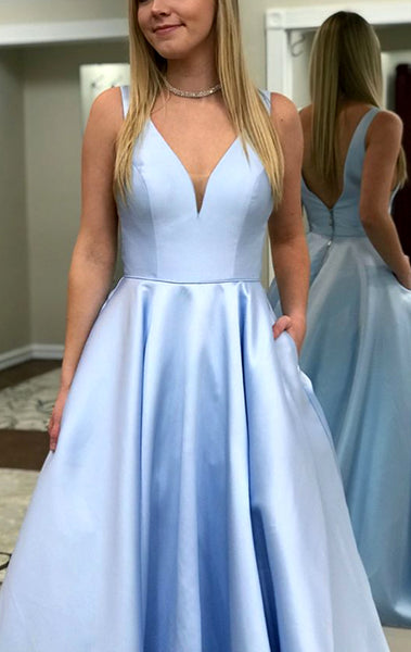 MACloth Illusion V Neck Satin Long Prom Dress Sky Blue Formal Evening Gown