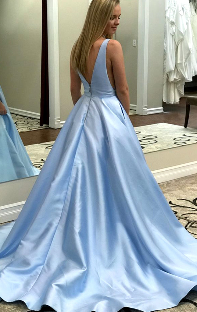 MACloth Illusion V Neck Satin Long Prom Dress Sky Blue Formal Evening Gown