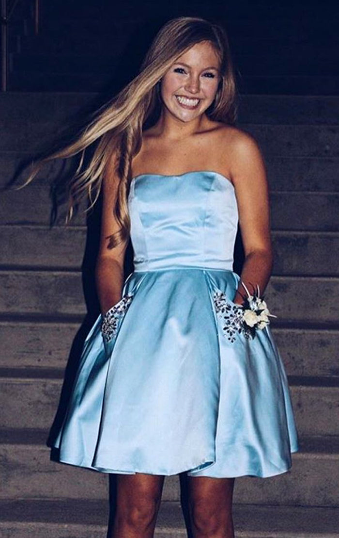 MACloth Trägerloses Sweetheart Mini Ballkleid Homecoming Kleid Himmelblau Hochzeitsfeierkleid