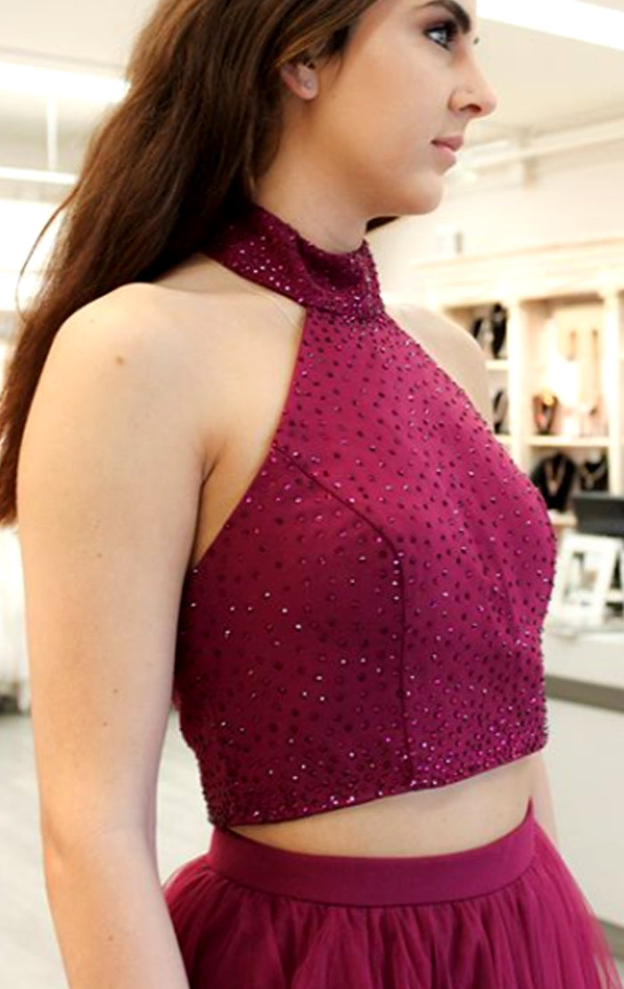 MACloth Hochgeschlossenes, zweiteiliges, langes Ballkleid, rotes, formelles Abendkleid