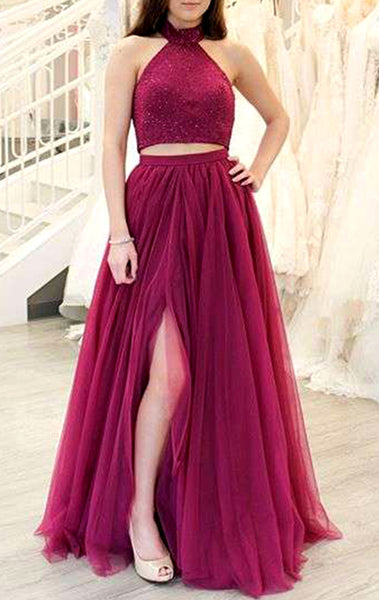 MACloth High Neck Two Piece Long Prom Dress Red Formal Evening Gown