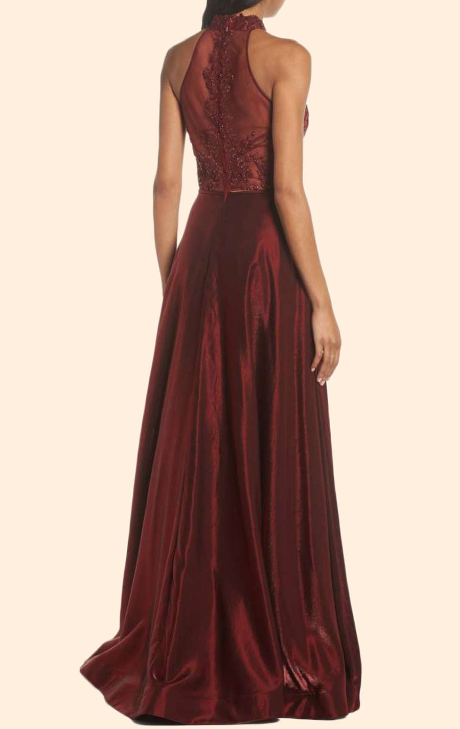 MACloth Neckholder-Hochhals-Spitzen-Langballkleid Burgunderrotes formelles Abendkleid