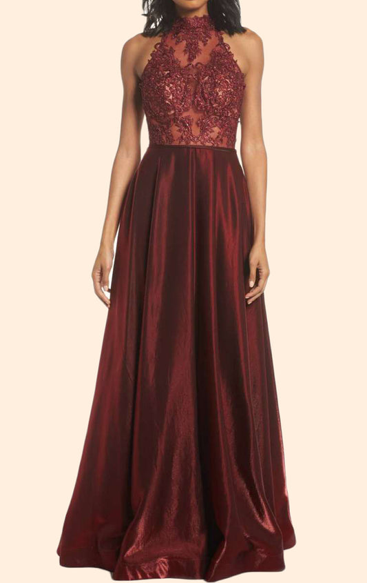 MACloth Halter High Neck Lace Long Prom Dress Burgundy Formal Evening Gown