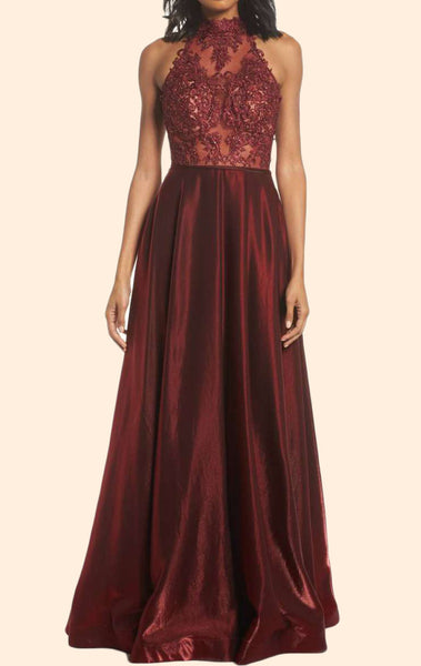 MACloth Halter High Neck Lace Long Prom Dress Burgundy Formal Evening Gown