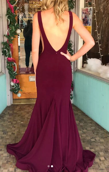 MACloth Mermaid Illusion Jersey Long Prom Dress Burgundy Formal Gown