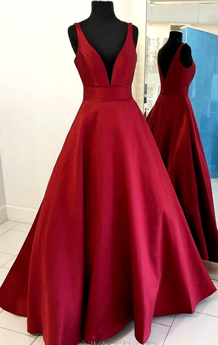 Vestido de fiesta largo con escote en V profundo MACloth, vestido de noche formal color burdeos