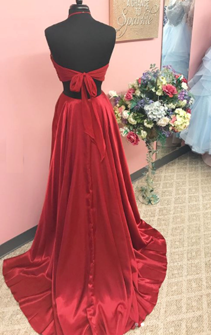 Vestido de fiesta largo de gasa con encaje de 2 piezas con cuello halter de MACloth, vestido de noche formal color burdeos