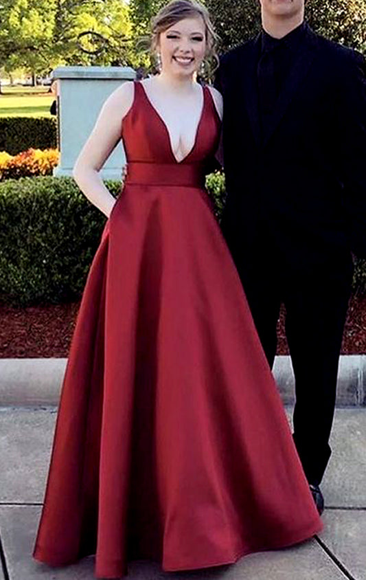 MACloth Deep V Neck Long Prom Dress Burgundy Formal Evening Gown