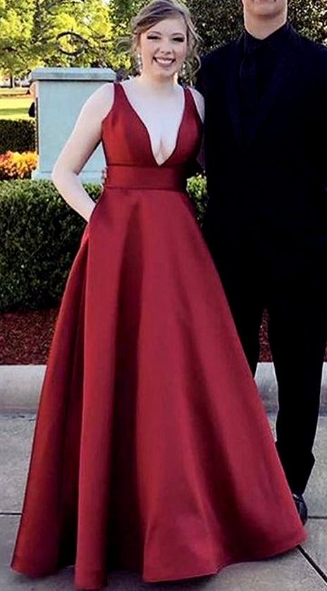 MACloth Deep V Neck Long Prom Dress Burgundy Formal Evening Gown