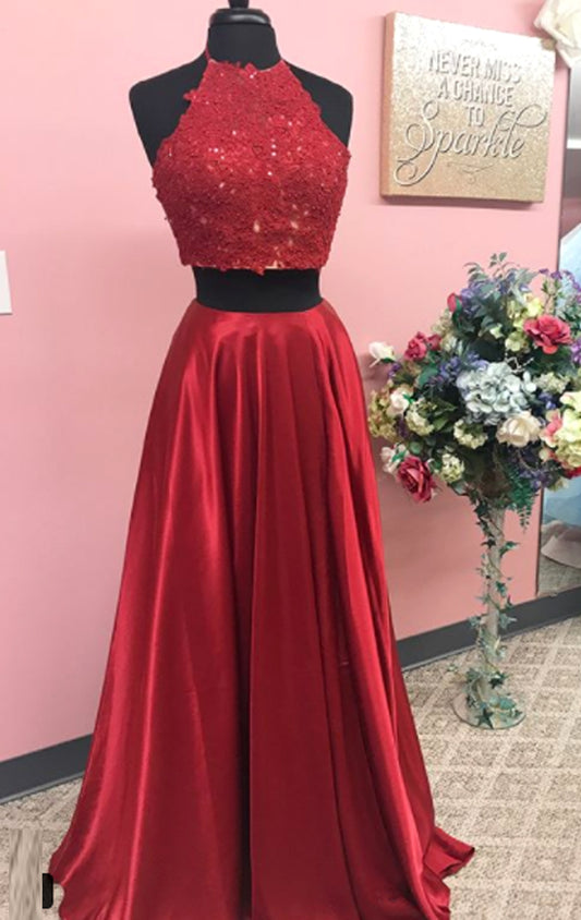 MACloth Halter 2 Piece Lace Chiffon Long Prom Dress Burgundy Formal Evening Gown