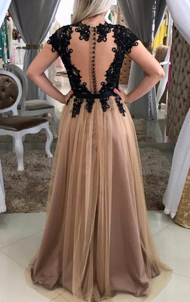 MC181064G Taupe Mascara Evening Dress With Cap Sleeves | Fab Frocks